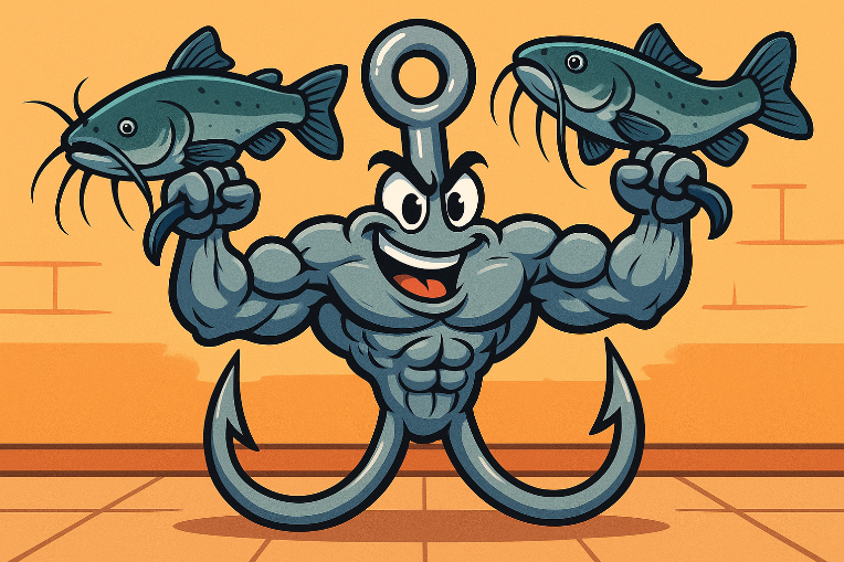 a muscular treble fishing hook lifting catfish as barbells