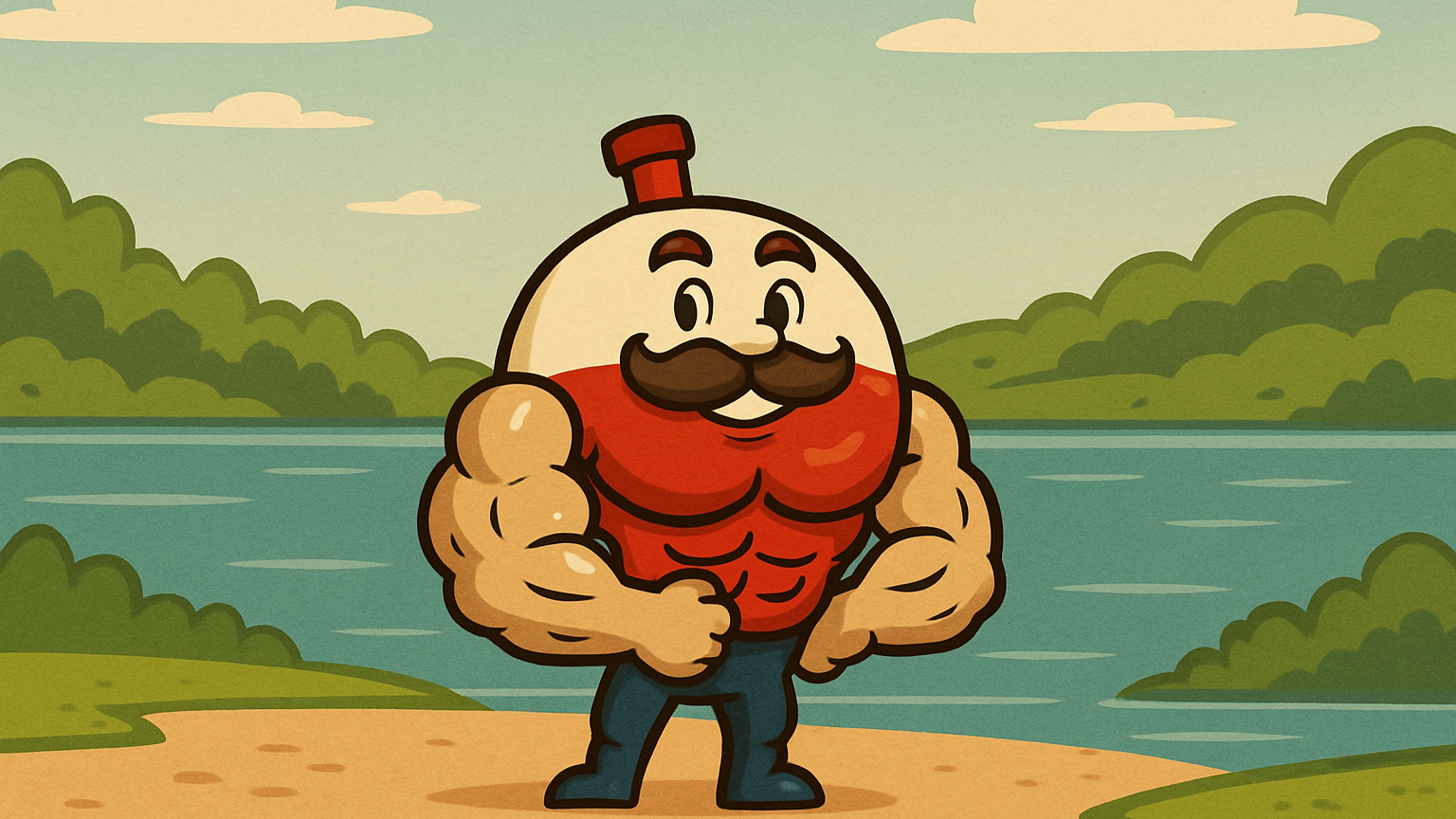 Muscular fishing bobber character positioned further back